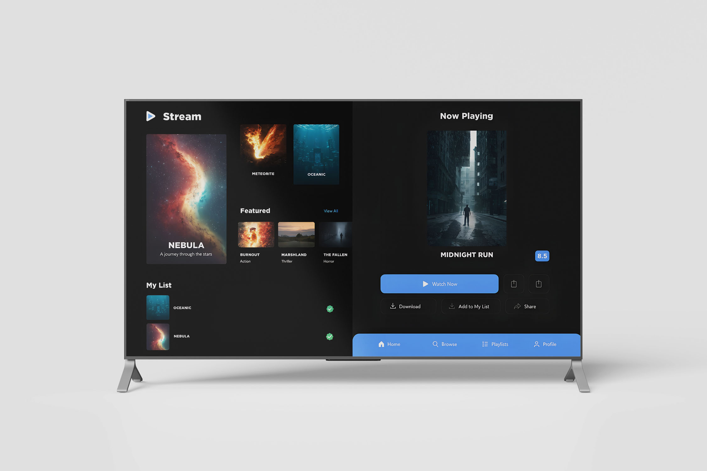 Modern OTT streaming platform interface displayed on a widescreen TV, featuring dark mode UI, featured movies, “Now Playing” section, watch button, and personalized content list.