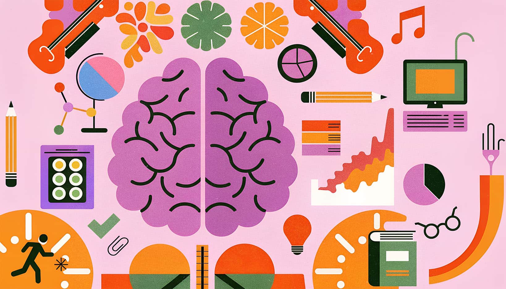 Colorful illustration of a brain surrounded by books, musical instruments, and abstract shapes representing serial mastery and the M-shaped professional career strategy for polymaths.